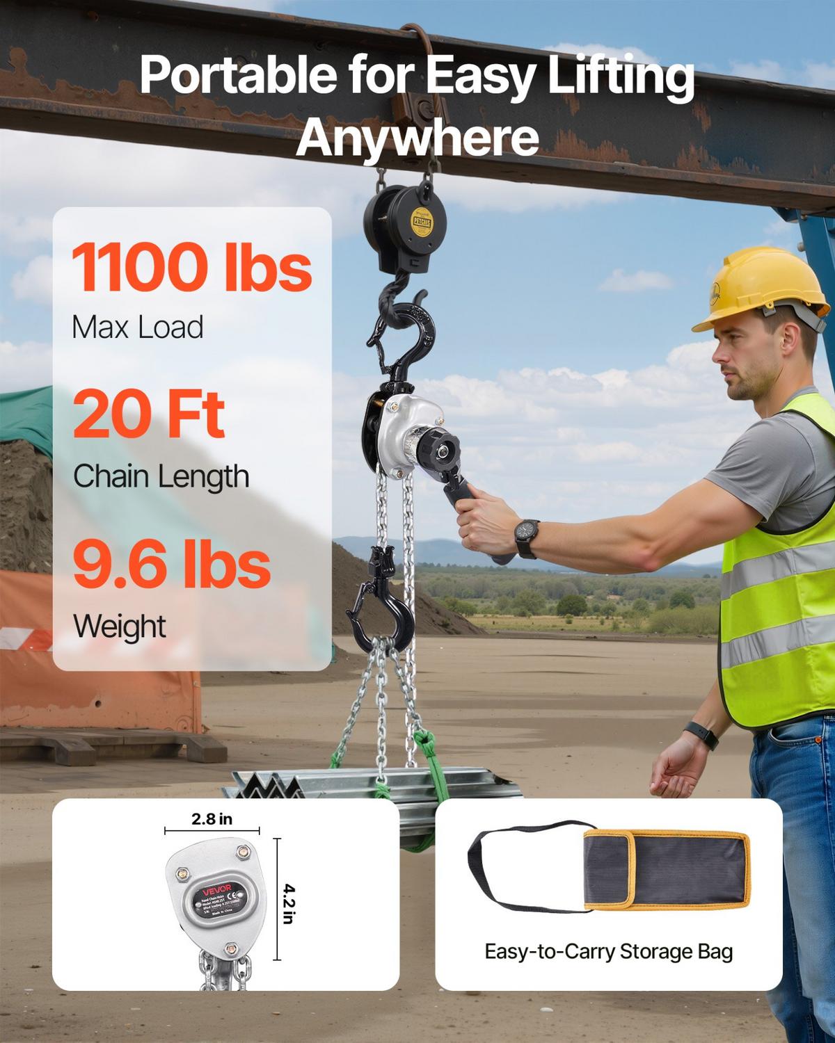 VEVOR Manual Lever Chain Hoist, 1/2 Ton 1100 lb Capacity, 20 ft Lift, Heavy Duty Come Along