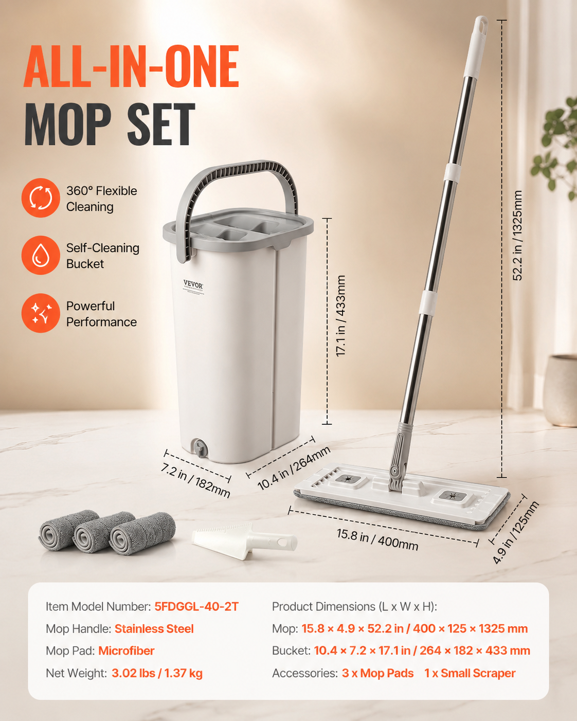 VEVOR  Microfiber Flat Mop & Bucket Set with Wringer