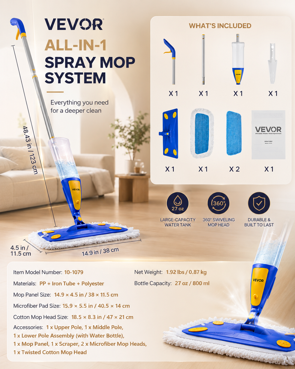 MistFlow Spray Mop + 3 Washable Pads