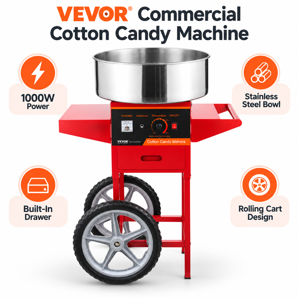 VEVOR 1000W Commercial Cotton Candy Machine with Red Cart- Free US Shipping