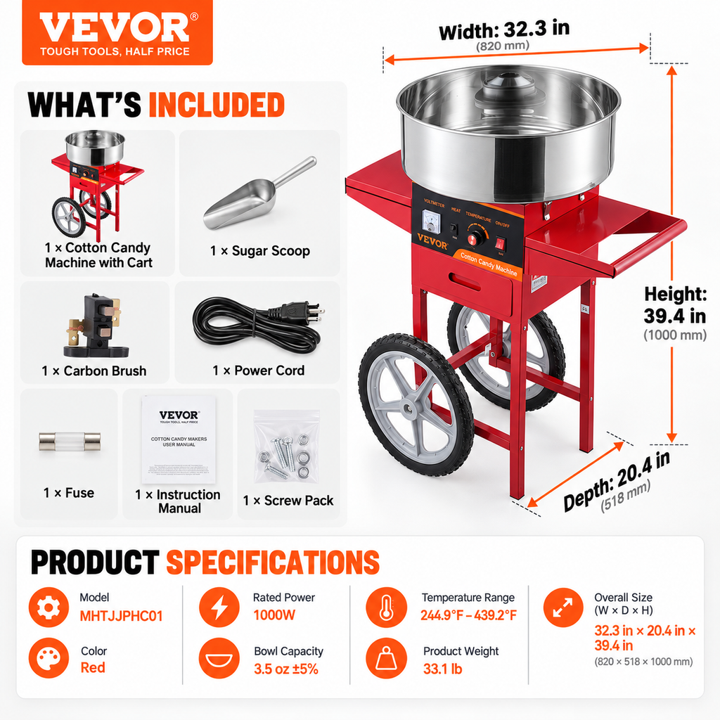 VEVOR 1000W Commercial Cotton Candy Machine with Red Cart- Free US Shipping