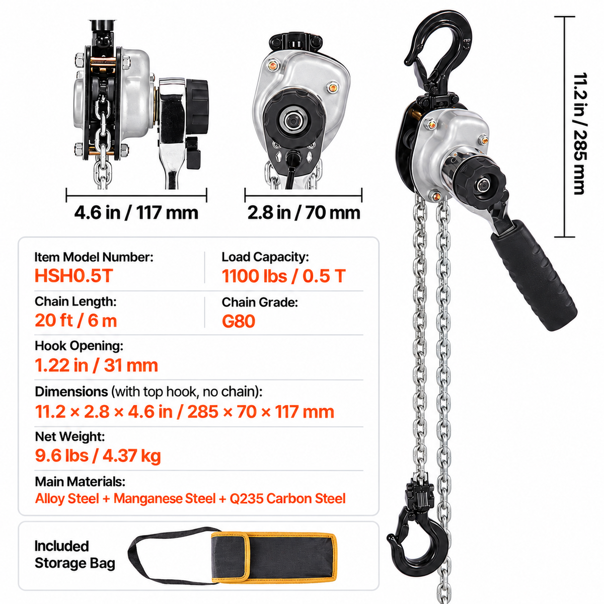 VEVOR Manual Lever Chain Hoist, 1/2 Ton 1100 lb Capacity, 20 ft Lift, Heavy Duty Come Along