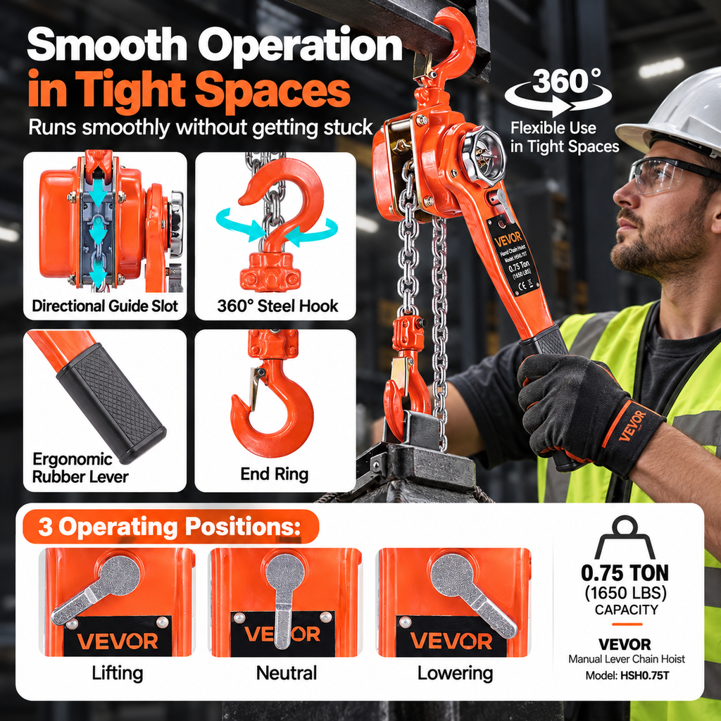 VEVOR Manual Lever Chain Hoist, 3/4 Ton 1650LB Capacity, 10 FT Lift, Heavy Duty Come Along