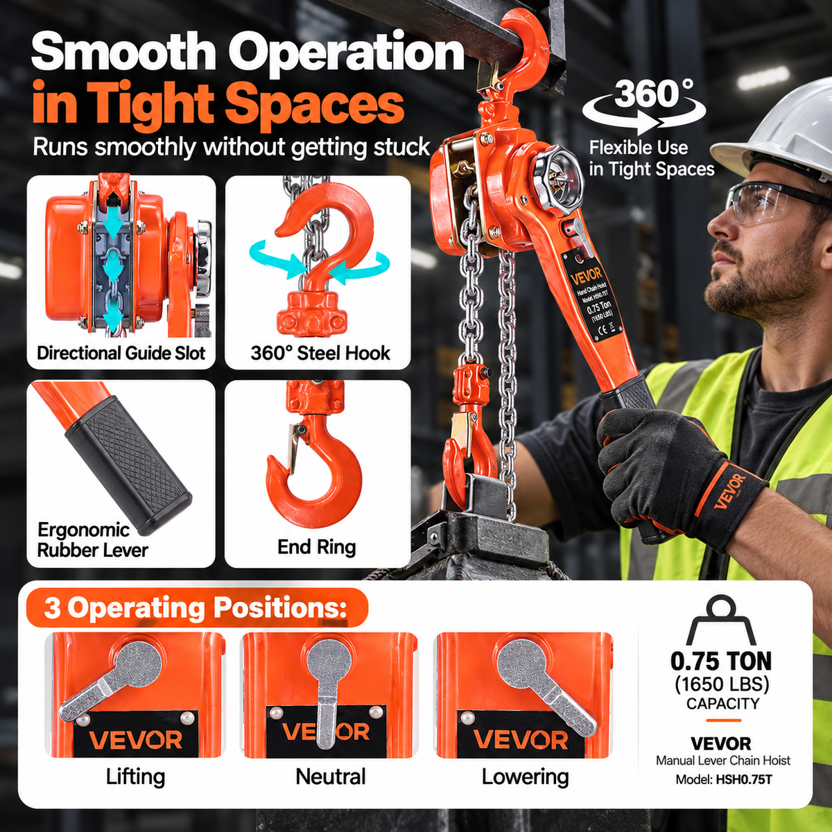 VEVOR Manual Lever Chain Hoist, 3/4 Ton 1650LB Capacity, 10 FT Lift, Heavy Duty Come Along