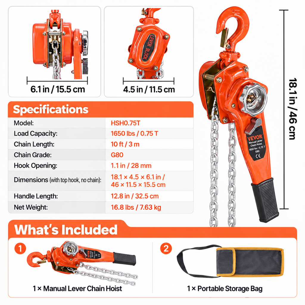 VEVOR Manual Lever Chain Hoist, 3/4 Ton 1650LB Capacity, 10 FT Lift, Heavy Duty Come Along