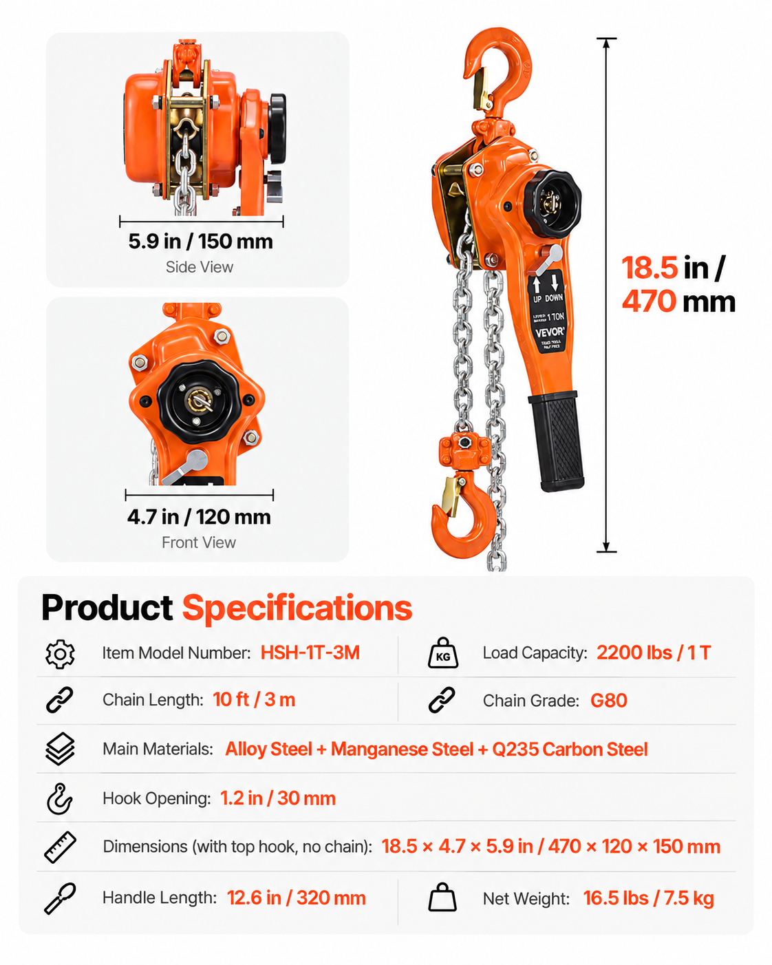 VEVOR Manual Lever Chain Hoist, 1 Ton 2200LB Capacity, 10 FT Lift, Heavy Duty Come Along