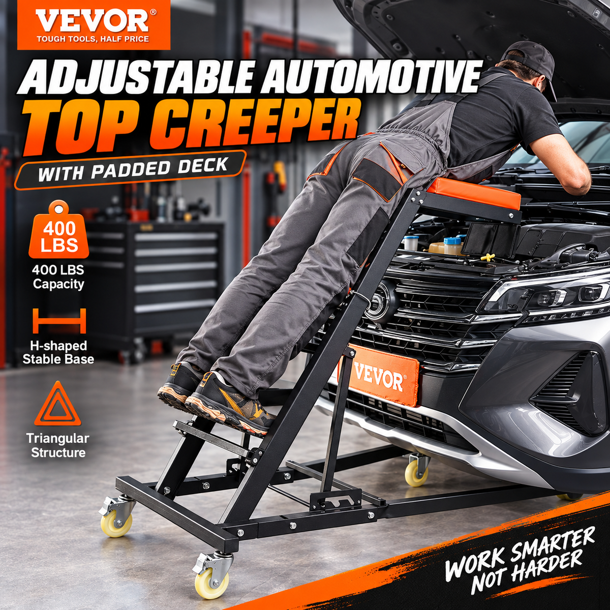 Creeper superior ajustable para automoción VEVOR con plataforma acolchada, capacidad de 400 lb