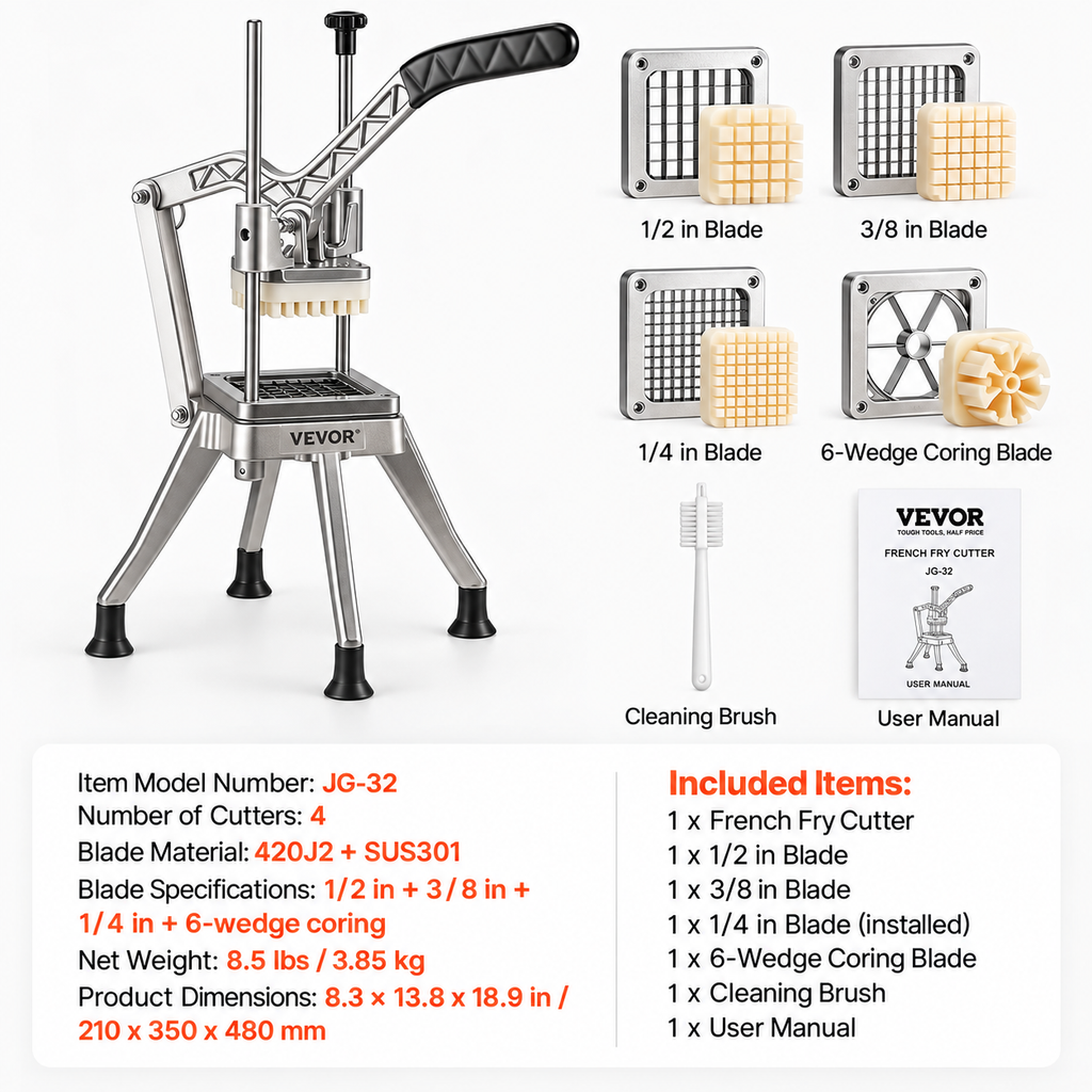 VEVOR Commercial French Fry Cutter, Vegetable Chopper with 4 Blades & 6 - Wedge Corer