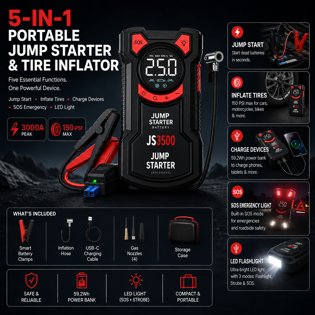 5-in-1 Portable Jump Starter & Tire Inflator