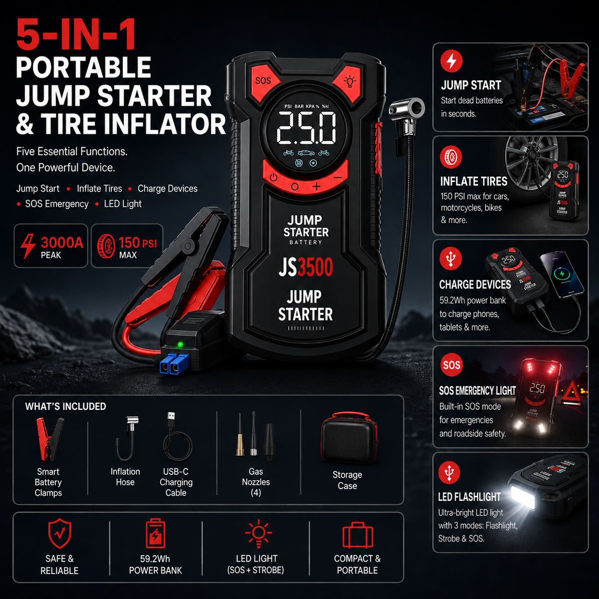 5-in-1 Portable Jump Starter & Tire Inflator