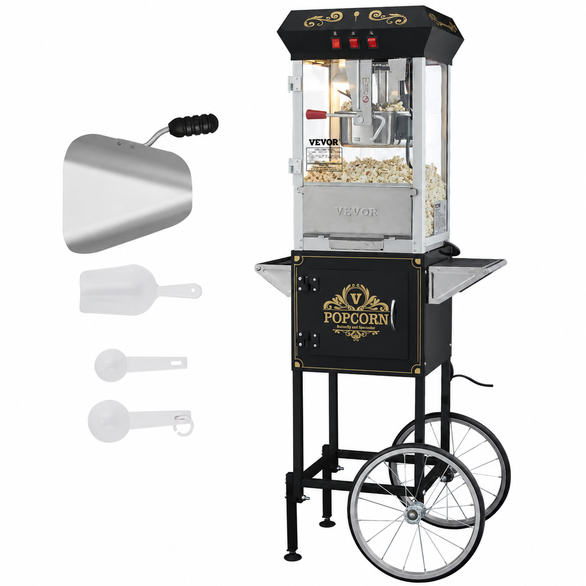 VEVOR - Commercial Popcorn Machine with Cart, 8 oz Kettle 850W Makes 48 Cups per Batch - Black - Free US Shipping